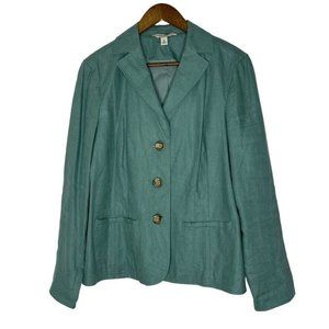 L.L. Bean Green 100% Linen Three Button Blazer Jacket Size 12 Women’s